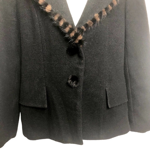Ming Liu Wool Blazer Black Brown Rabbit Fur Trim Pom Pom Buttons - Picture 7 of 9
